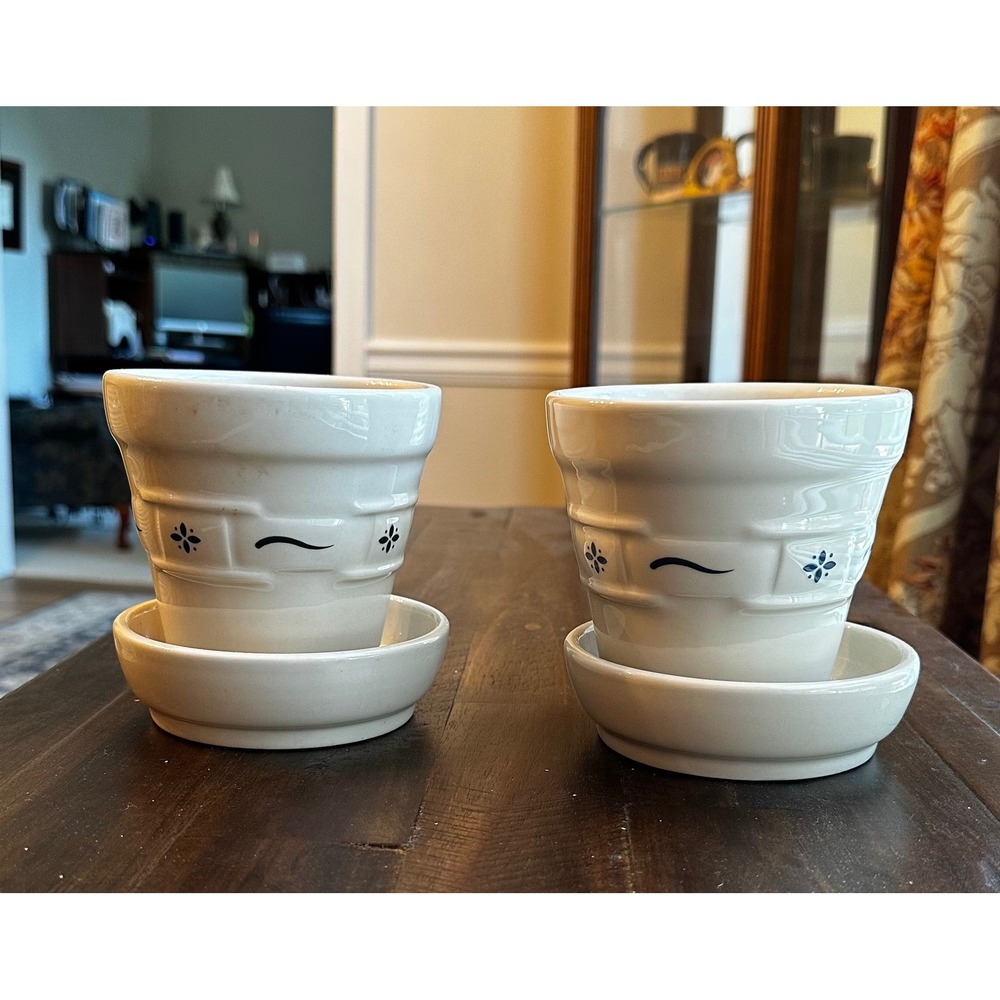 Longaberger‎ Pottery Woven Traditions Ivory Flower Pots with Saucers Set of 2